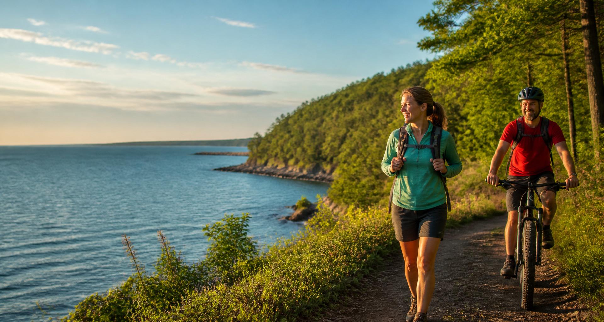 Active couple hiking and biking along the Lake Superior shoreline near Superior, WI